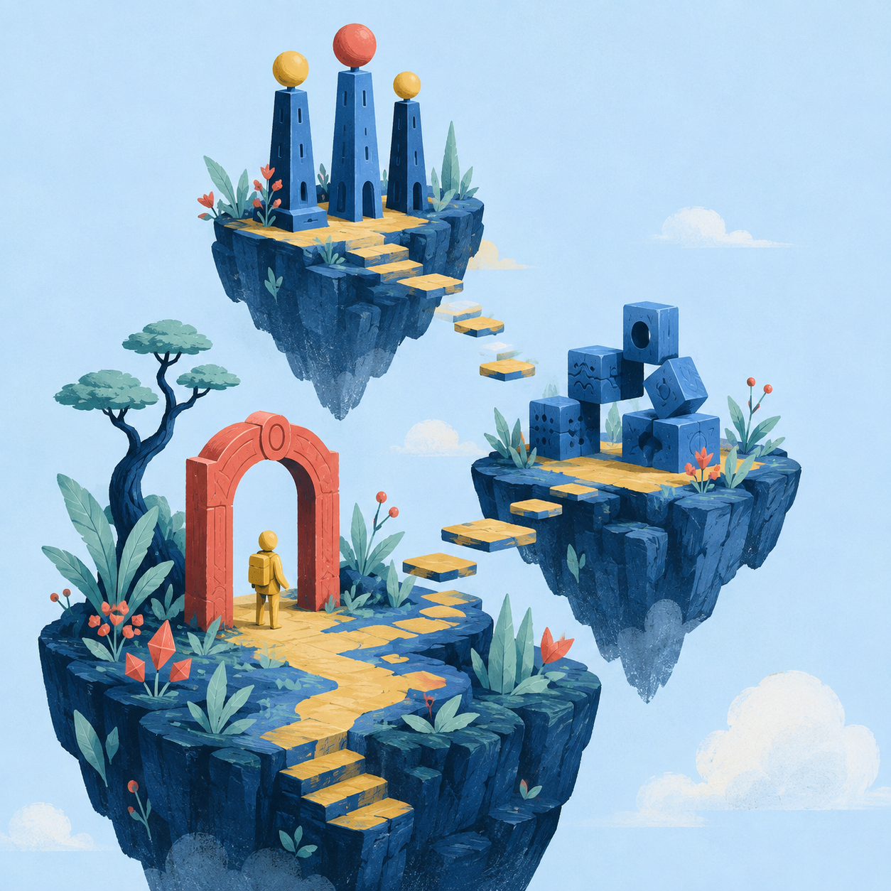 Ilustração da jornada Lumina: um explorador atravessa ilhas com um portal, blocos de memória e torres de planejamento.